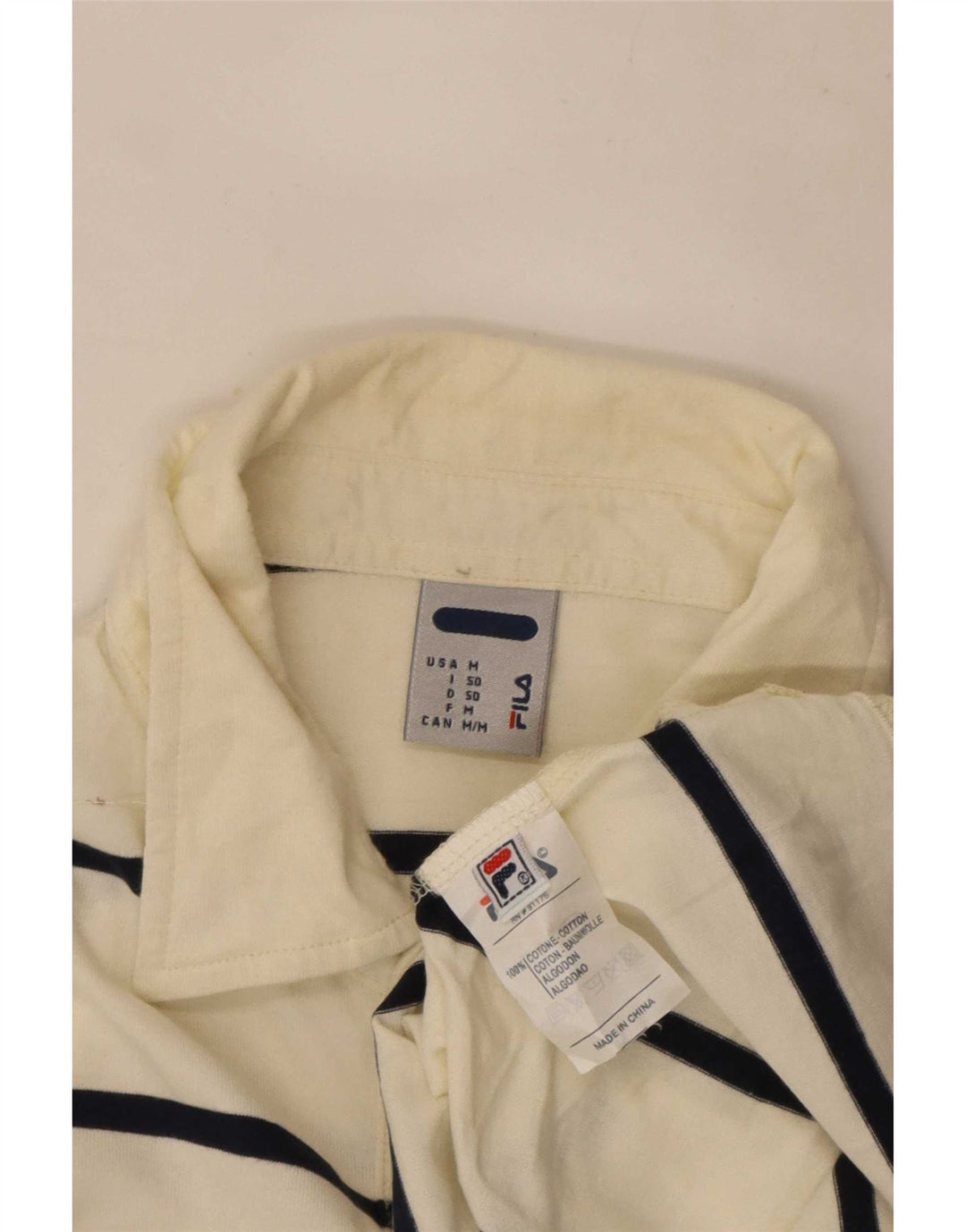 Fila Mens Long Sleeve Polo Shirt Medium Off White Striped Cotton