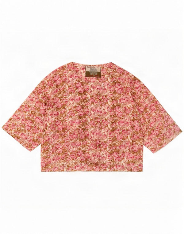 Vintage Damen Crop Short Sleeve Shirt Bluse UK 14 Medium Pink Floral