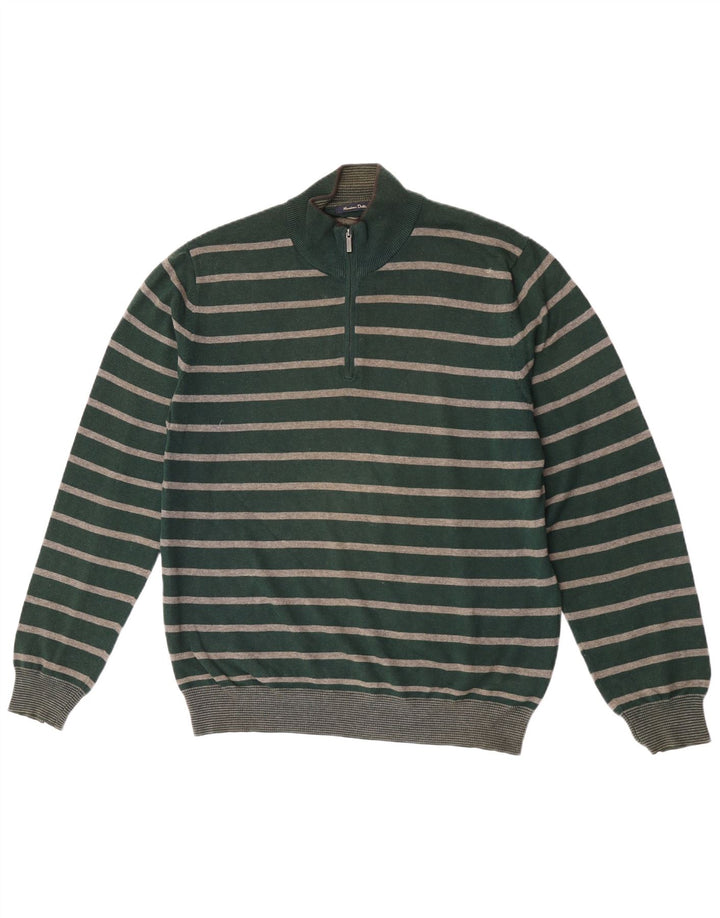 Massimo Dutti Mens Zip Neck Jumper Sweater Large Green Striped Cotton