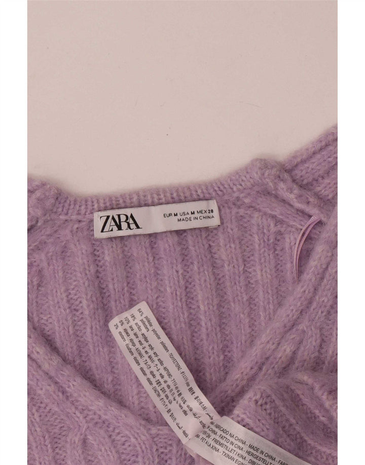Zara Womens Crop V-Neck Jumper Sweater UK 14 Medium Purple Polyester