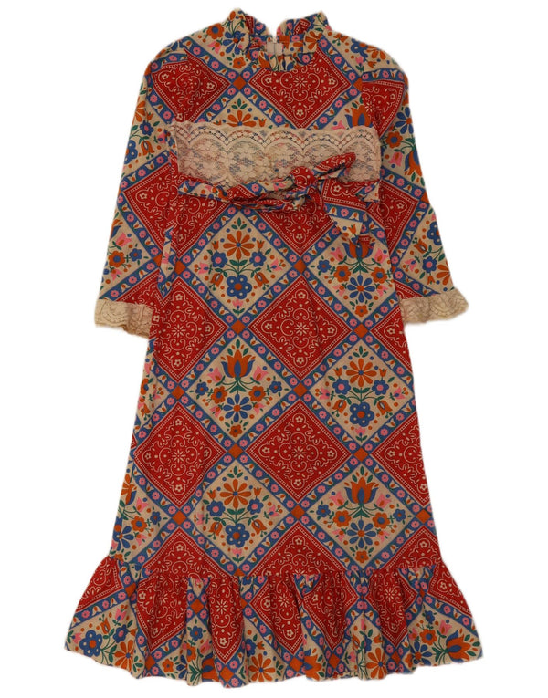 Vestido maxi feminino vintage manga 3/4 UK 4 XS floral multicolorido