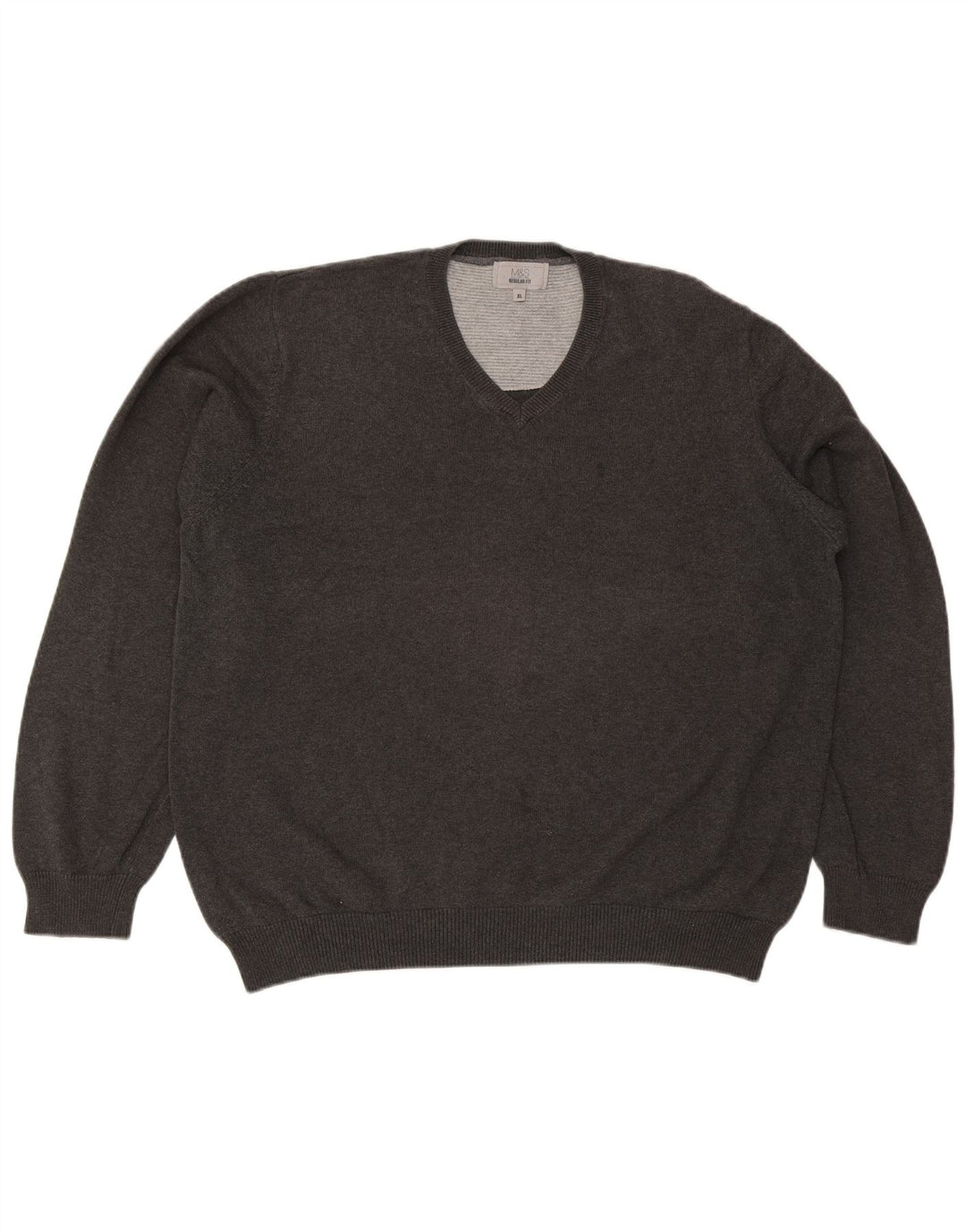 Marks & Spencer Mens Regular Fit V-Neck Jumper Sweater XL Grey Cotton
