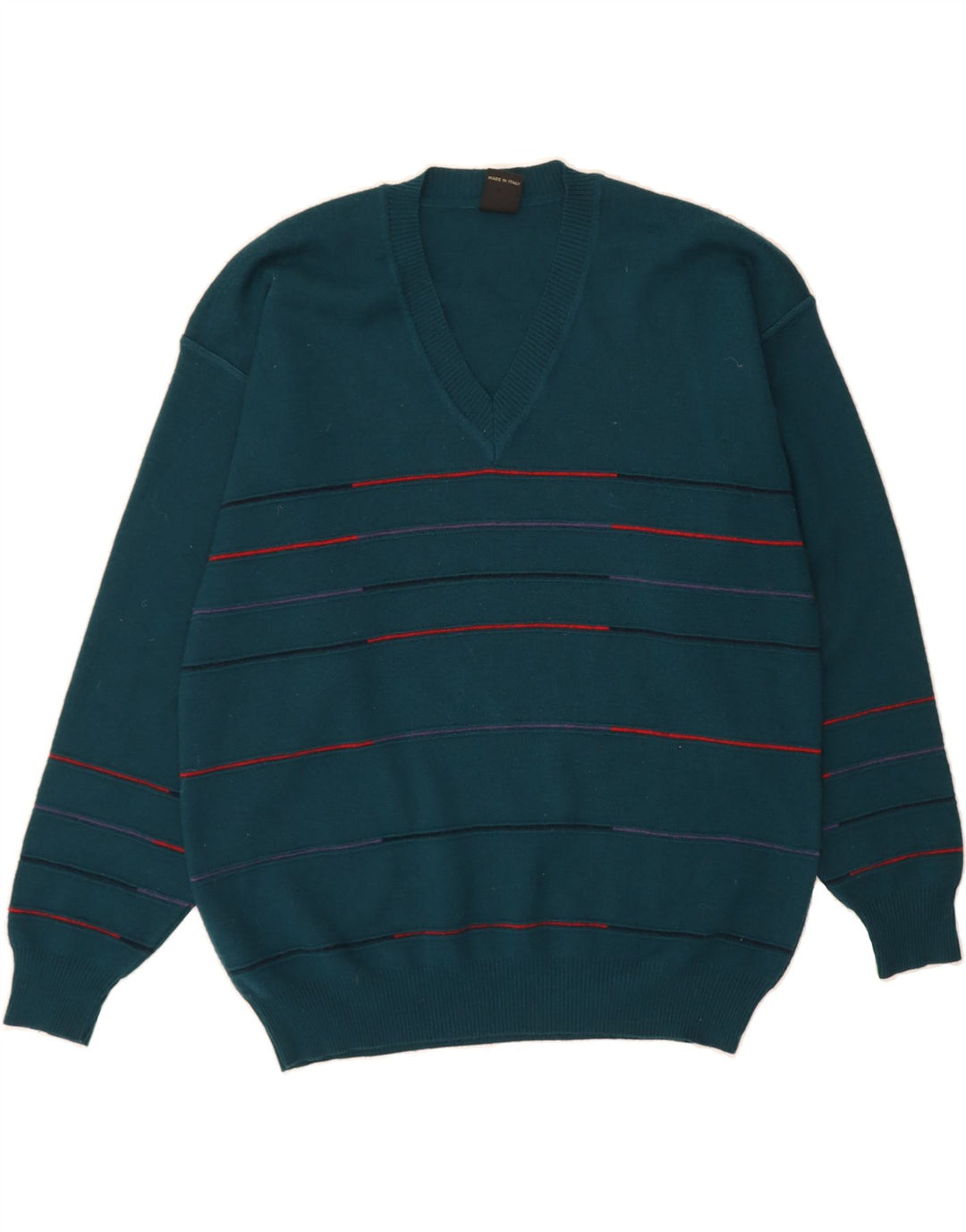 MAPIER Mens V-Neck Jumper Sweater Large Green Striped Wool Vintage Mapier and Second-Hand Mapier from Messina Hembry 