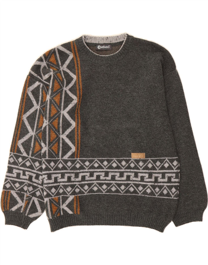 CARDUCCI Mens Crew Neck Jumper Sweater Large Grey Fair Isle Polyacrylic Vintage Carducci and Second-Hand Carducci from Messina Hembry 