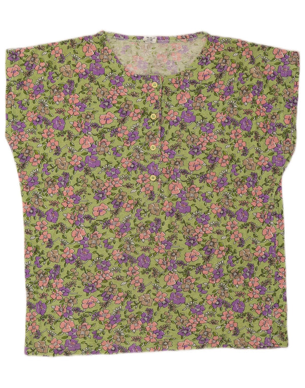 T-shirt grafica da donna vintage Top UK 16 grande cotone floreale verde