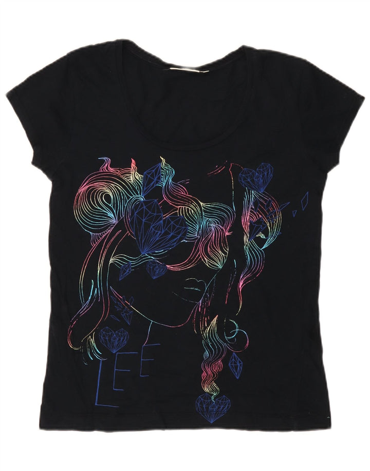 Lee Womens Graphic T-Shirt Top UK 12 Medium Navy Blue Cotton