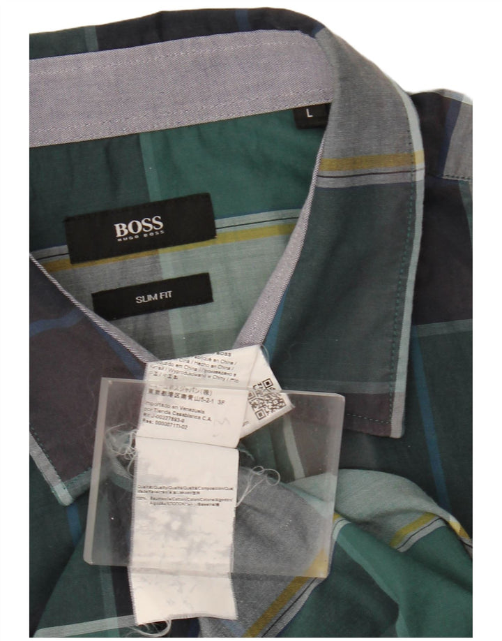 HUGO BOSS Mens Slim Fit Shirt Large Green Check Cotton