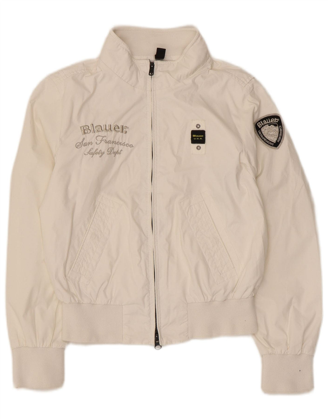 Blauer Mädchen-Bomberjacke mit Grafik, 9–10 Jahre, weißes Nylon