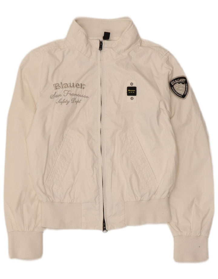 Blauer Mädchen-Bomberjacke mit Grafik, 9–10 Jahre, weißes Nylon