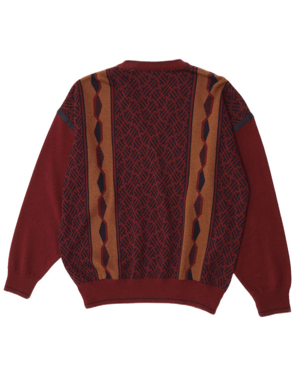 Pierre Sangan Mens V-Neck Jumper Sweater Large Burgundy Geometric