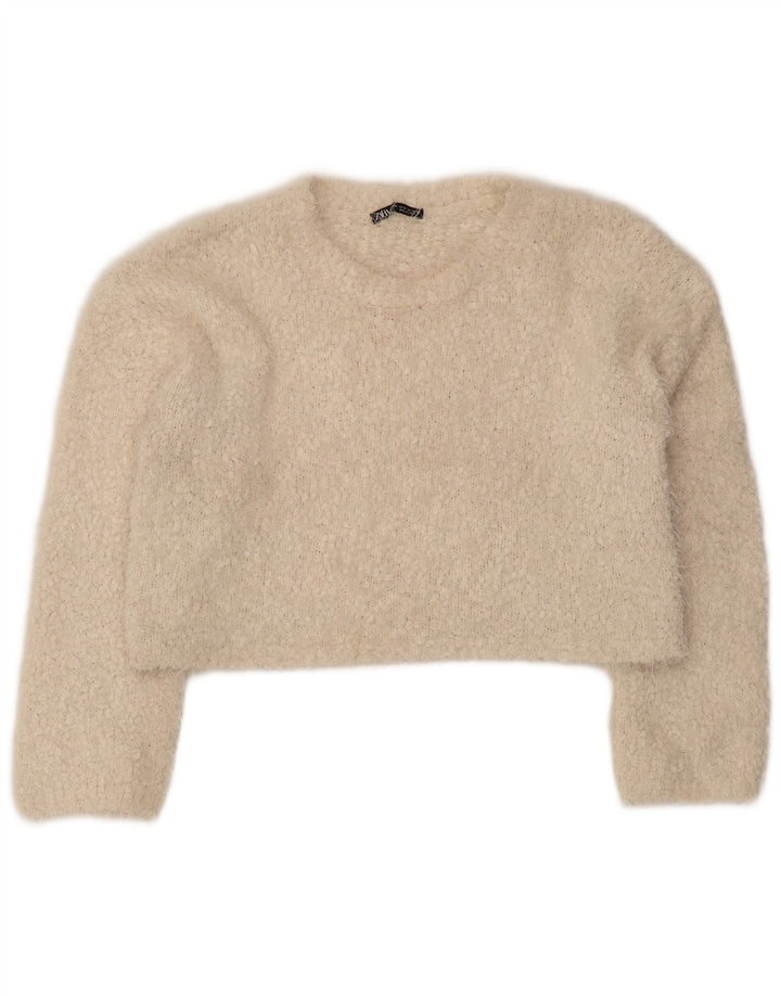 Zara Womens Crop Boat Neck Jumper Sweater UK 14 Medium Beige Polyester