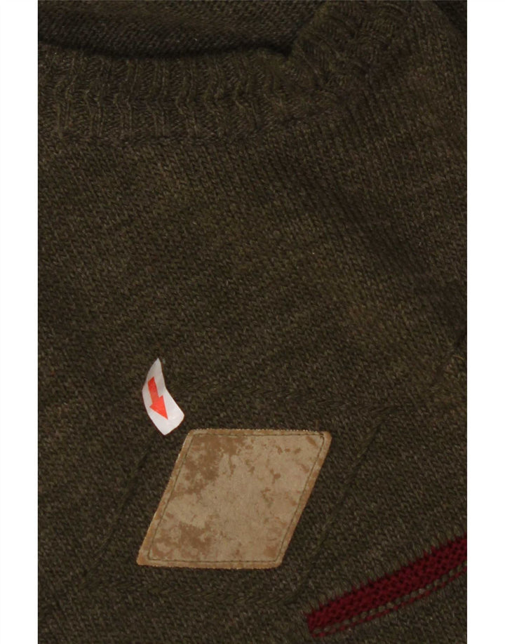 Vintage Mens Crew Neck Jumper Sweater Medium Khaki Argyle/Diamond