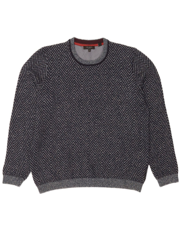 Ted Baker Mens Crew Neck Jumper Sweater Size 5 XL Navy Blue Chevron Cotton