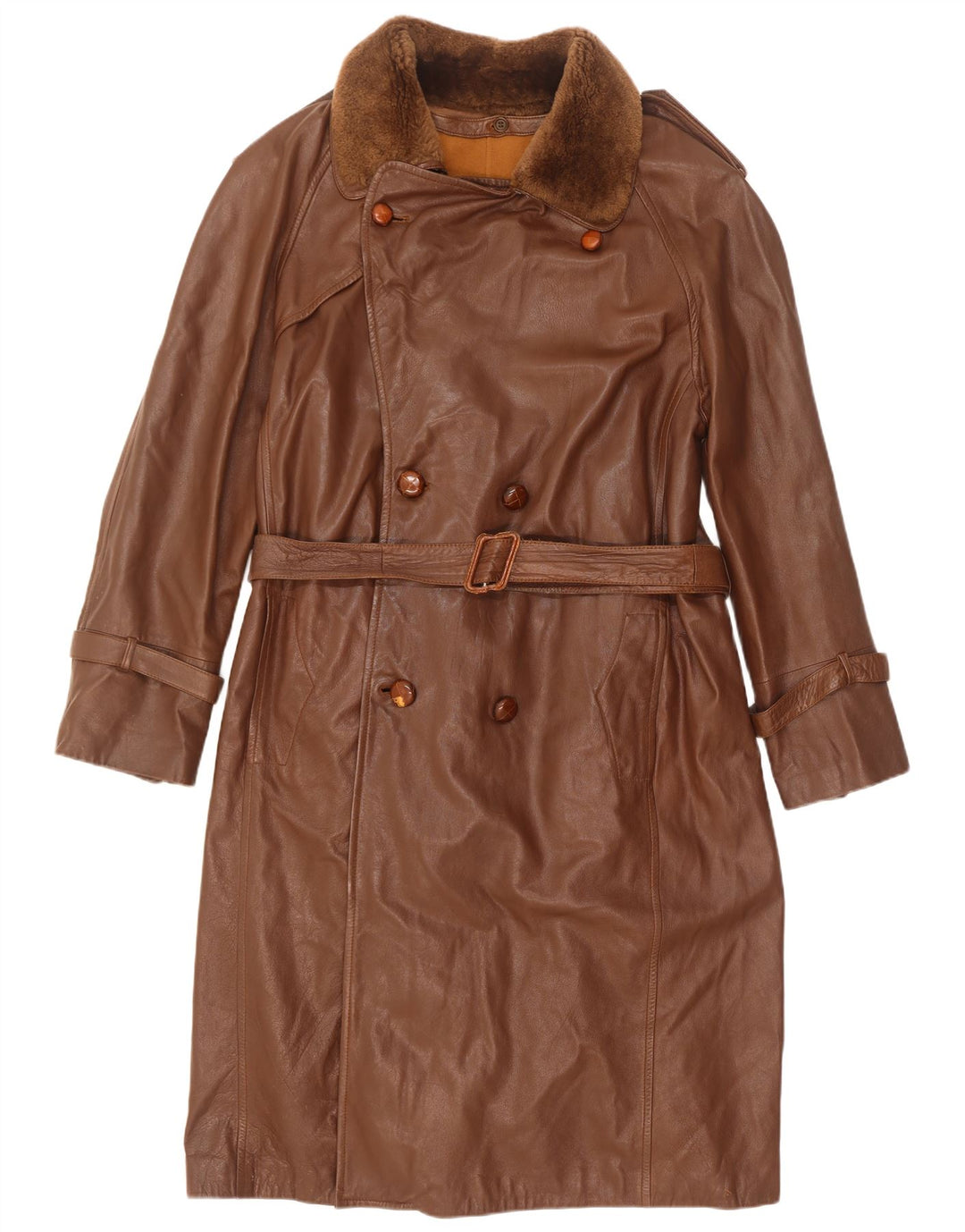 Vintage Mens Double Breasted Military Leather Coat IT 50 Large Brown