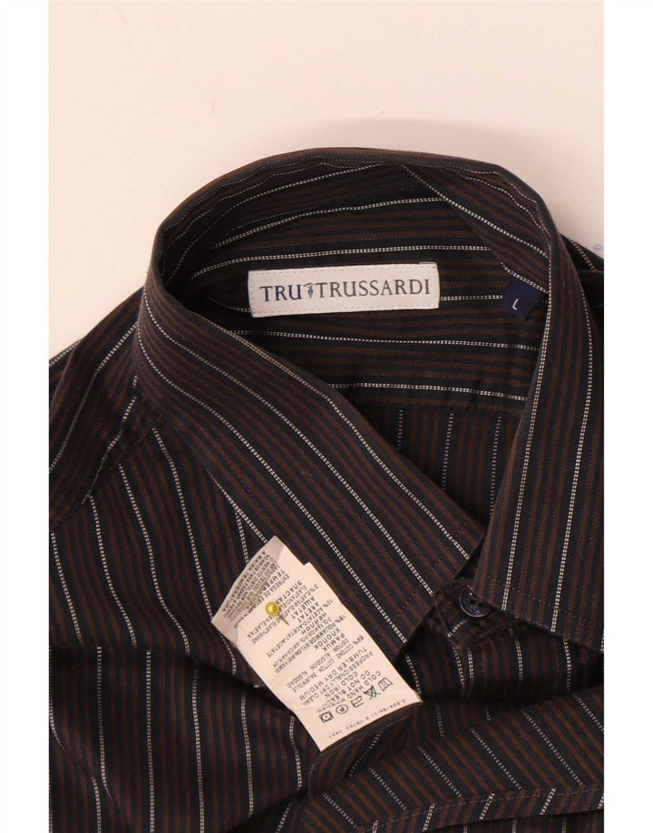 Trussardi Mens Shirt Large Brown Striped Cotton