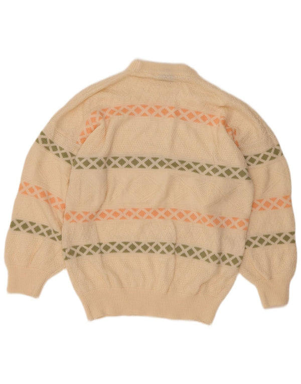 vintage Womens Turtle Neck Jumper Pull UK 16 Grand Off White Géométrique