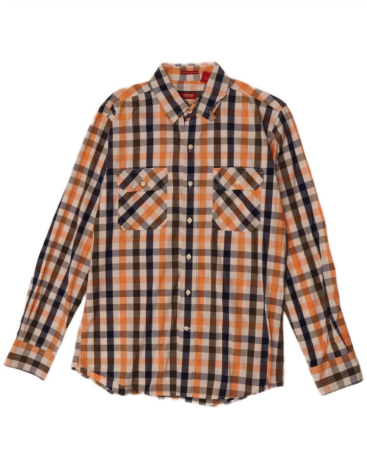 Izod Mens Slim Fit Shirt Medium Orange Gingham Cotton