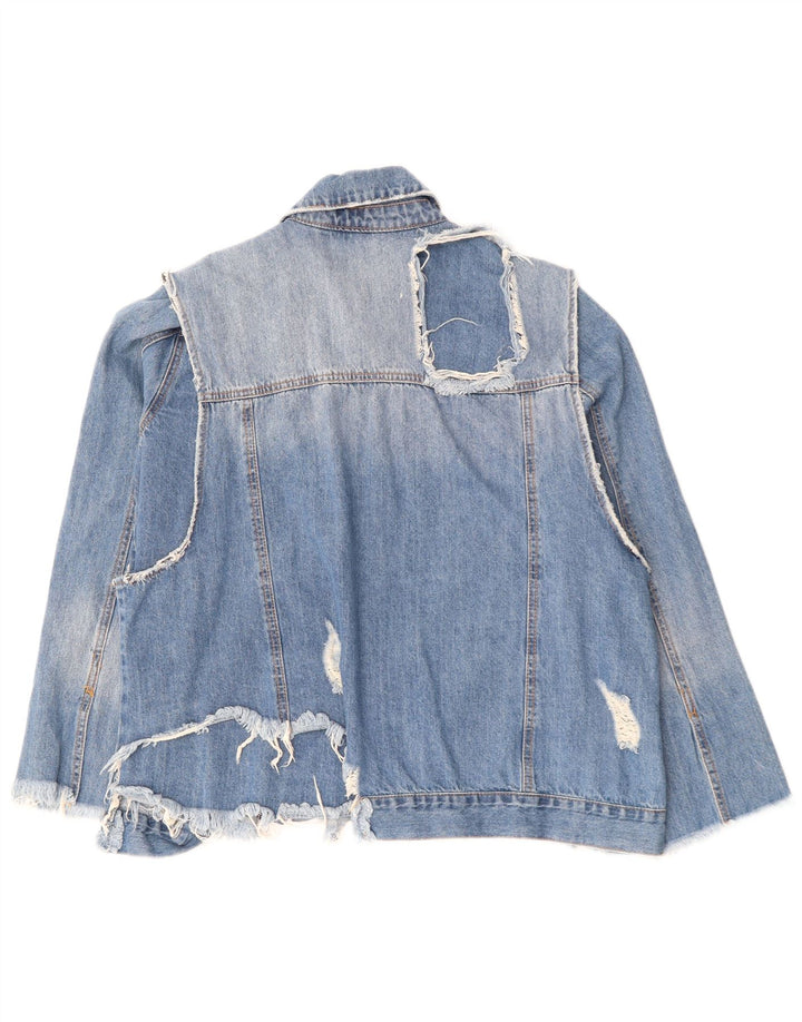 ZARA Womens Distressed Denim Jacket UK 16 Large Blue Cotton