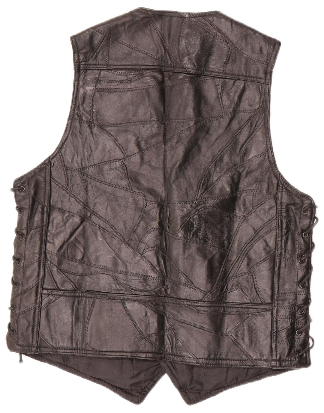 Vintage Mens Motorstyle Leather Waistcoat Medium Black Patchwork