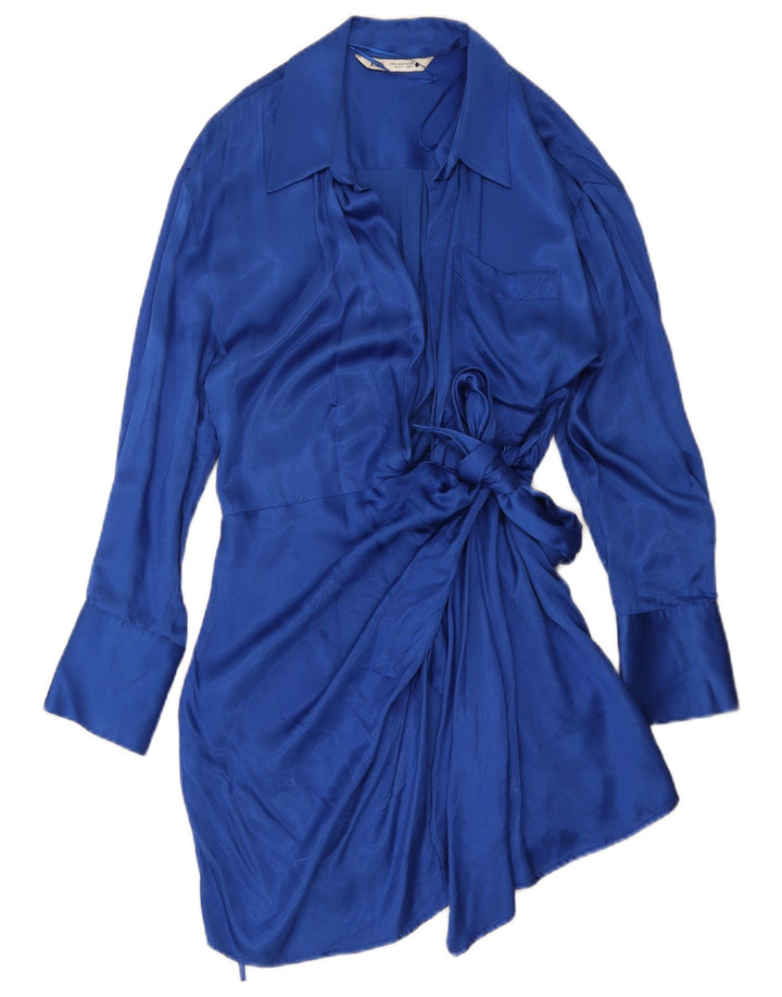 Zara Womens Long Sleeve Wrap Dress UK 14 Medium Blue Viscose
