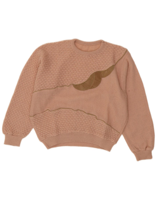 Vintage kvinders grafisk rund hals sweater UK 14 Medium Pink akryl