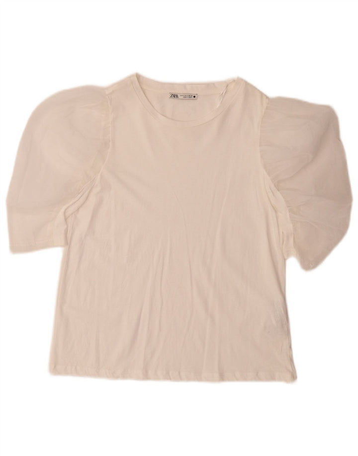 Zara Damen Bluse Top UK 10 Small Weiße Baumwolle