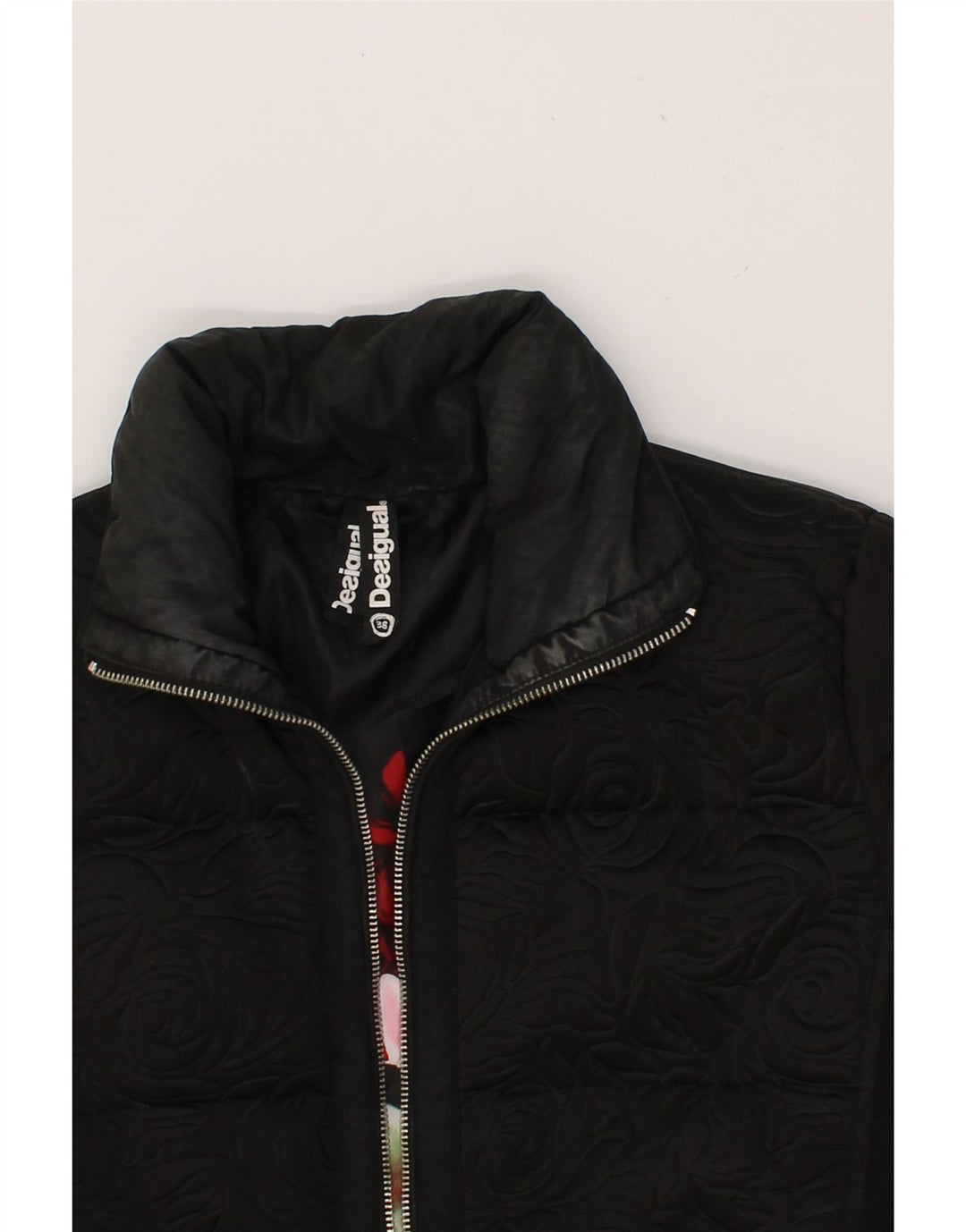 DESIGUAL Womens Padded Coat EU 38 Medium Black Floral Polyester Vintage Desigual and Second-Hand Desigual from Messina Hembry 