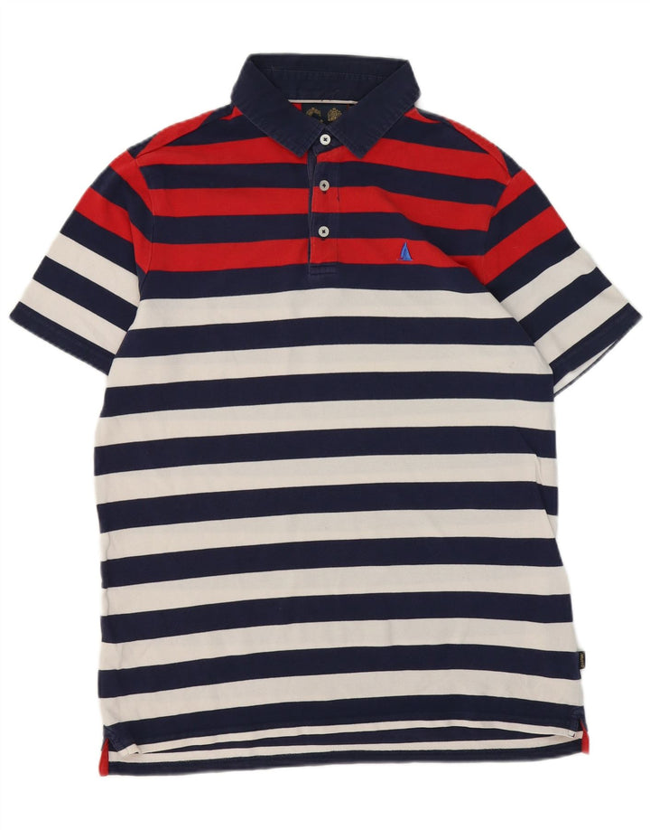 MUSTO Mens Polo Shirt Medium Navy Blue Striped Cotton