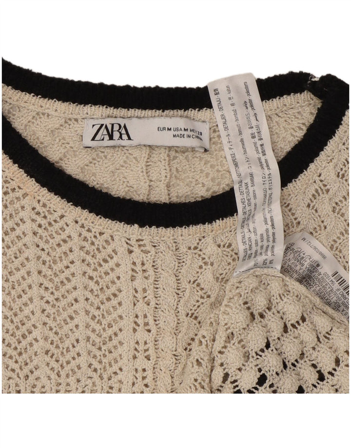 Zara Womens Crop Knit Blouse Top UK 12 Medium Beige Cotton
