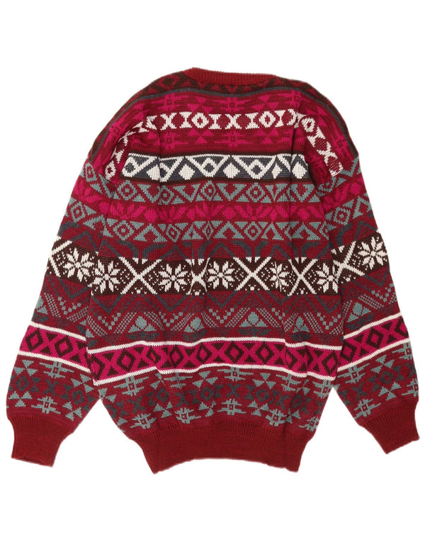 Vintage Mens Crew Neck Jumper Sweater Large Burgundy Fair Isle Acrylic