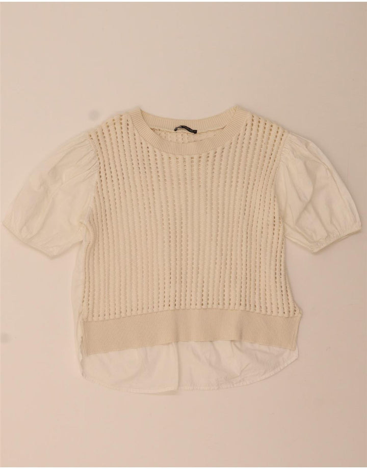 Zara hæklet bluse top UK 14 Medium hvid bomuld