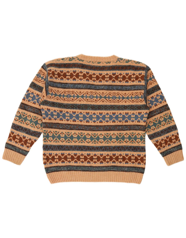Vintage Mens V-Neck Jumper Sweater Large Beige Fair Isle Wool