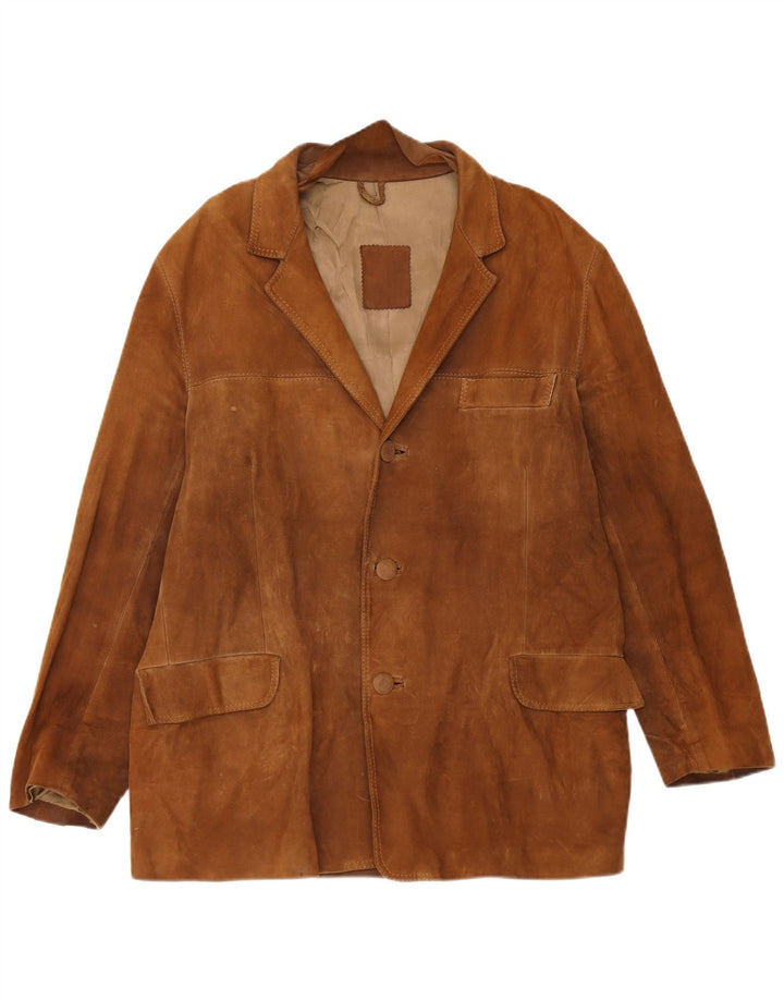 Giacca blazer vintage da uomo in pelle scamosciata a 3 bottoni UK 40 grande in pelle marrone
