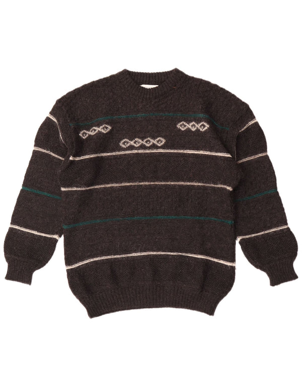 Vintage męski sweter z wycięciem pod szyją, średniej szarej wełny w paski