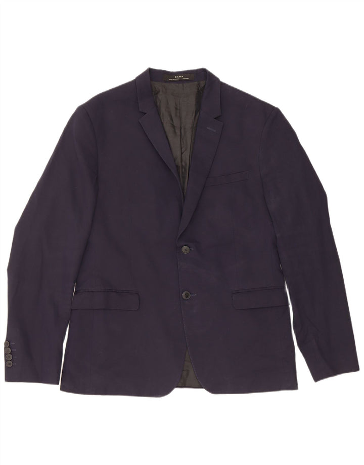 Zara Mens 2 Button Blazer Jacket EU 52 Large Navy Blue Viscose