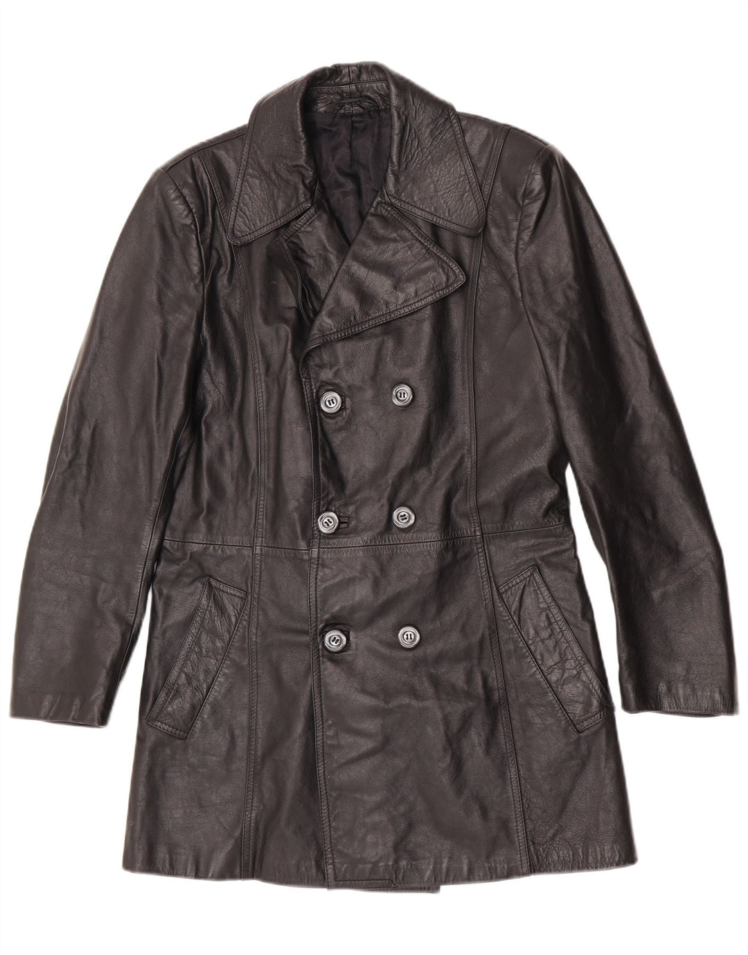 Vintage Herre Læder Pea Coat IT 48 Medium Sort Klassisk