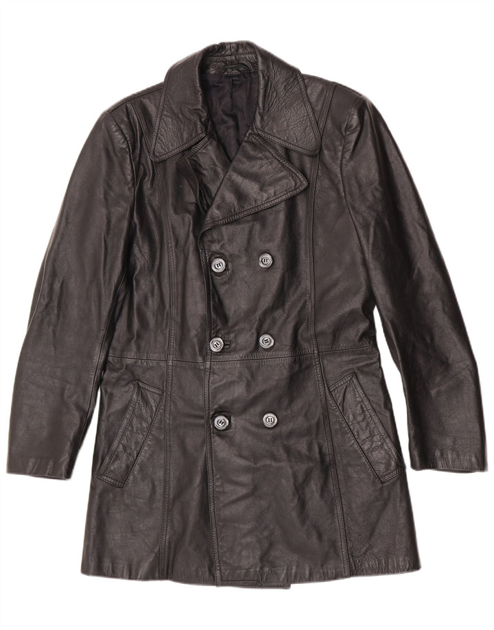 Vintage Herre Læder Pea Coat IT 48 Medium Sort Klassisk