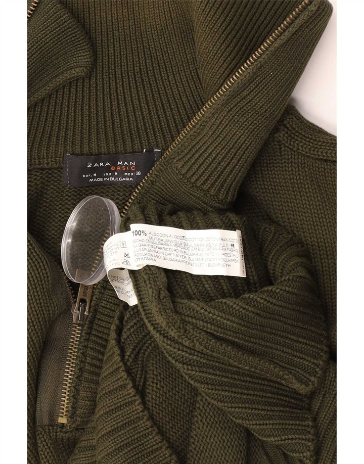 Zara Mens Zip Neck Jumper Sweater Medium Green Cotton