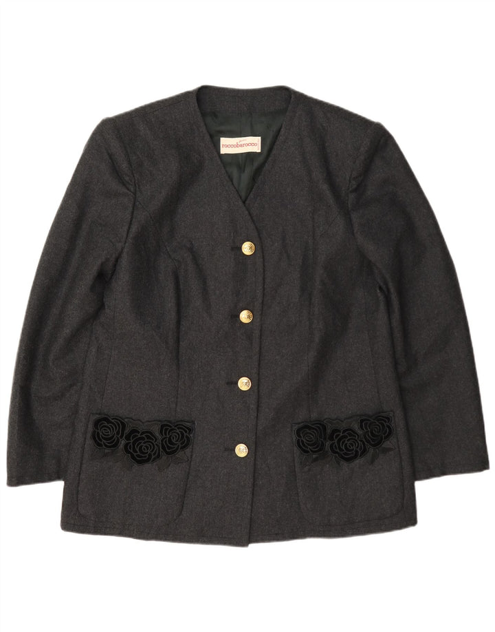 Roccobarocco Womens 4 Button Blazer Jacket UK 14 Medium Grey Floral Wool