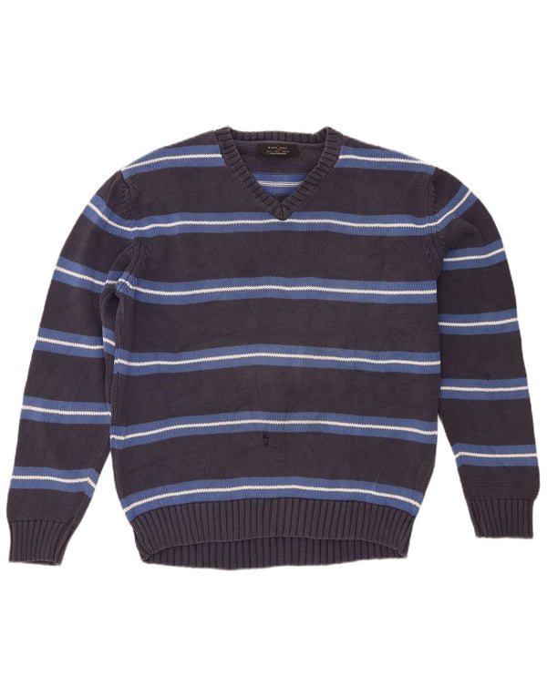 Zara Pull à col en V pour homme Large Rayé Gris