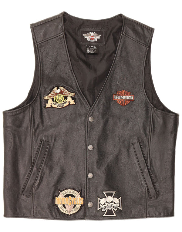 HARLEY DAVIDSON Mens Graphic Leather Gilet UK 42 XL Black Leather Biker