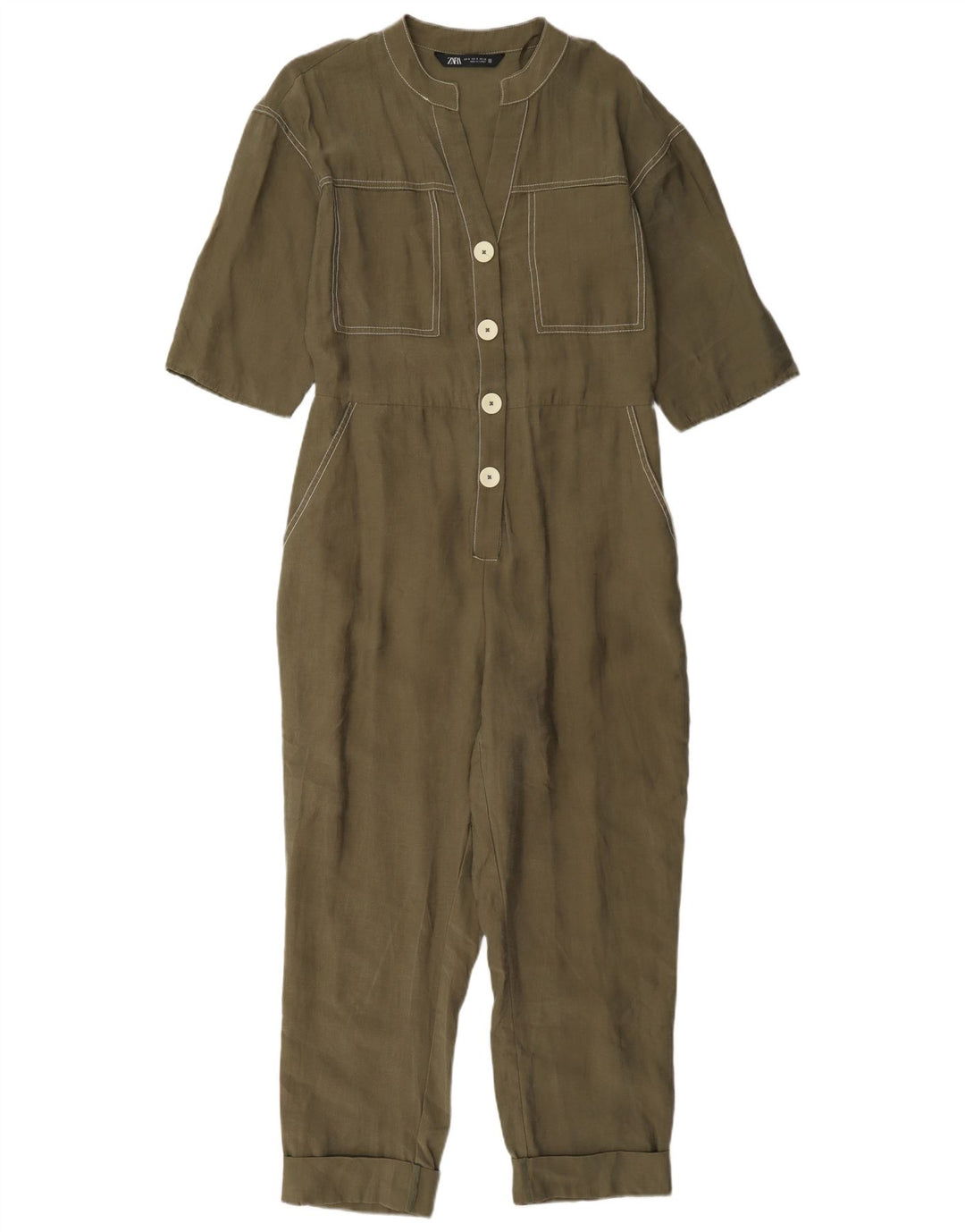 Zara Womens Short Sleeve Jumpsuit UK 10 Small Khaki Lyocell
