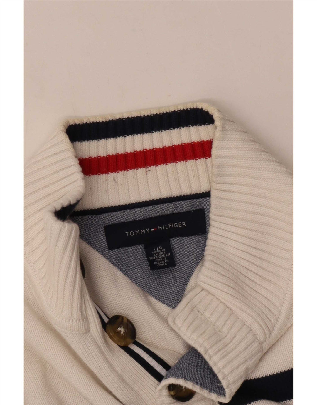 Tommy Hilfiger Uomo Maglione con Collo a Bottoni Maglione a Righe Bianche Grandi