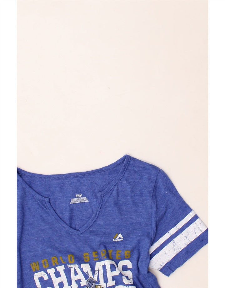 MAJESTIC Womens Graphic T-Shirt Top UK 12 Medium Blue Polyester Vintage Majestic and Second-Hand Majestic from Messina Hembry 