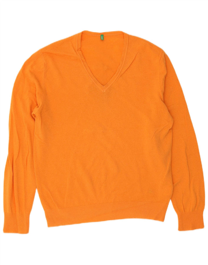 Benetton Mens V-Neck Jumper Sweater XL Orange Virgin Wool