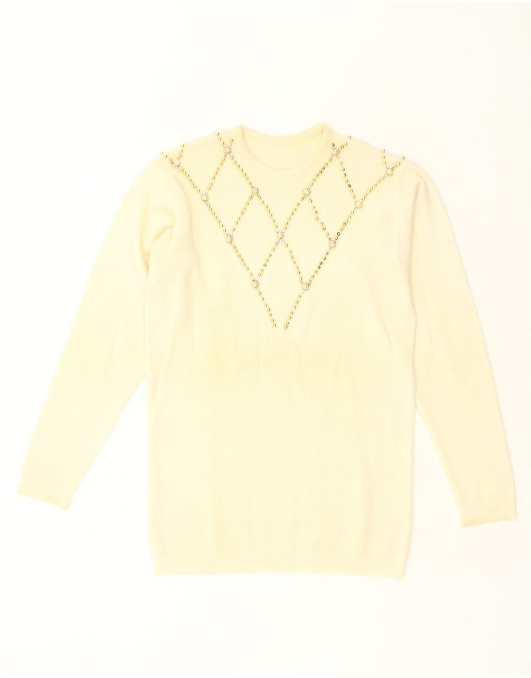 VINTAGE Womens Crew Neck Jumper Sweater UK 14 Medium Beige Argyle/Diamond | Vintage Vintage | Thrift | Second-Hand Vintage | Used Clothing | Messina Hembry 