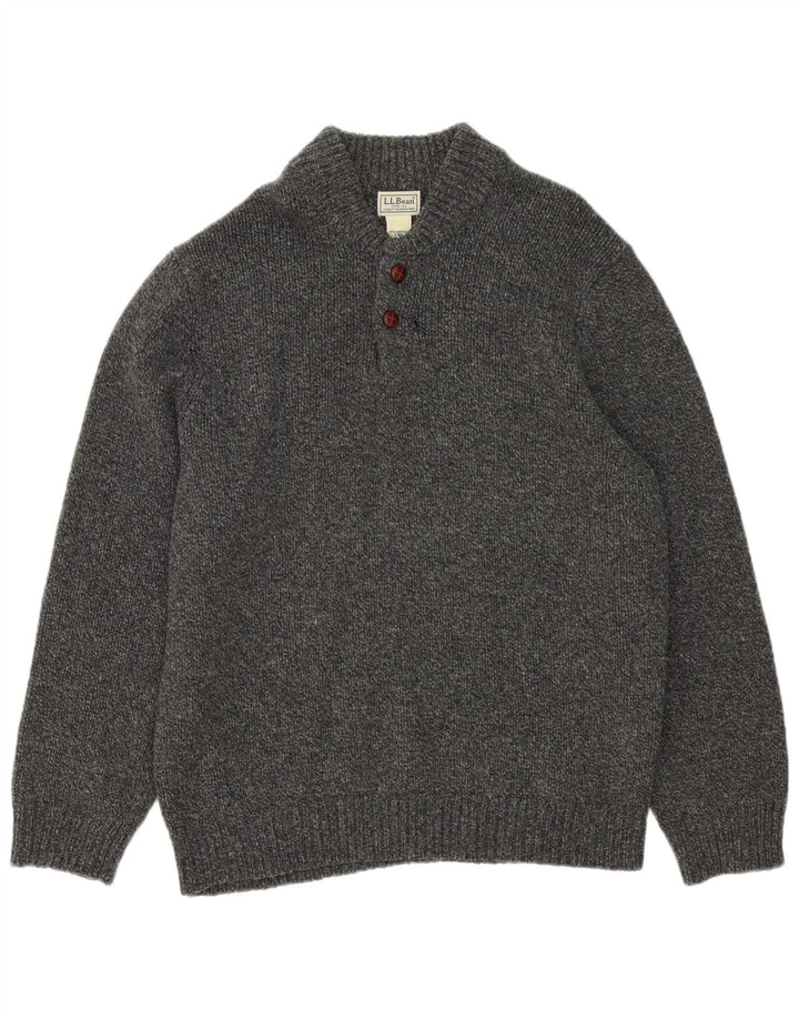 L.L.Bean Mens Button Neck Jumper Sweater Large Grey Flecked Lambswool