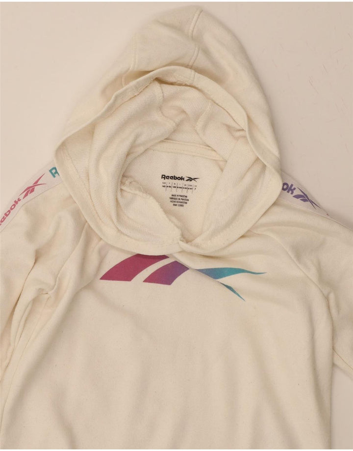 REEBOK Girls Graphic Hoodie Jumper 9-10 Years White Cotton Vintage Reebok and Second-Hand Reebok from Messina Hembry 