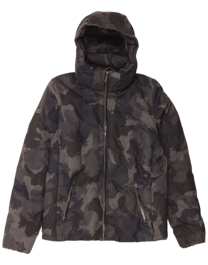 Superdry Mens Hooded Padded Jacket UK 38 Medium Black Camouflage Polyester