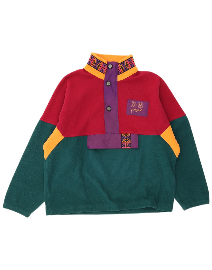 Vintage Mens Button Neck Fleece Jumper Large Multicoloured Colourblock